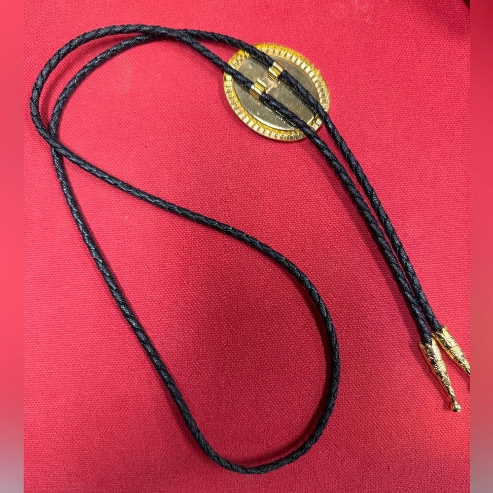 Bolo Tie Goldtone Framed Jesus Goldtone Metal Decorative Tips Black Cord